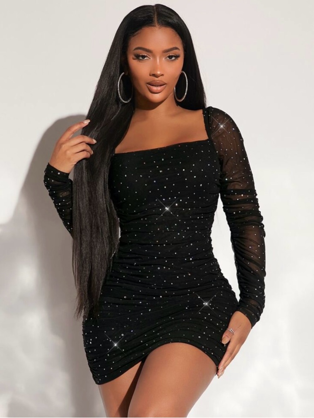 SHEIN Black Mesh Rhinestone Ruched Mini Dress